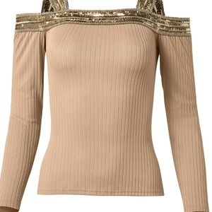 Tan Off-Shoulder Ribbed Top with Gold Sequin Detail